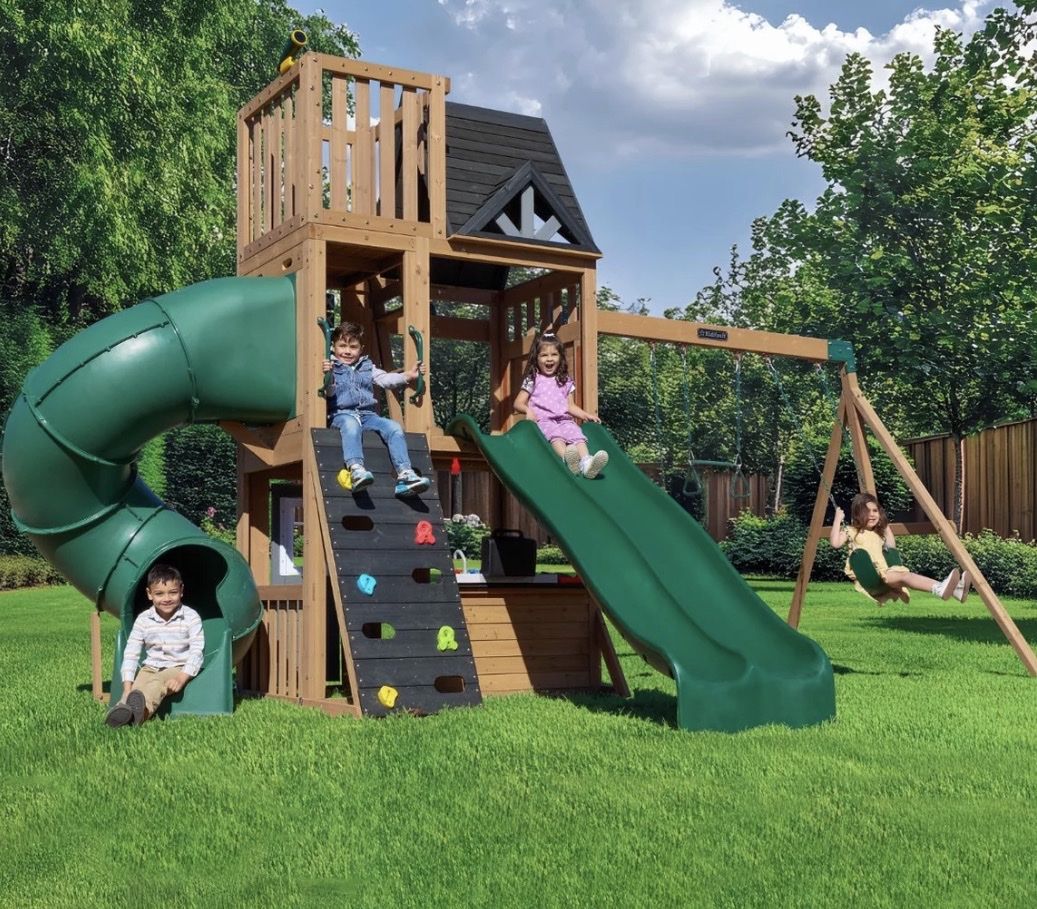 KidKraft Wooden Playcenter Swing Set with Tube Slide and Wave Slide