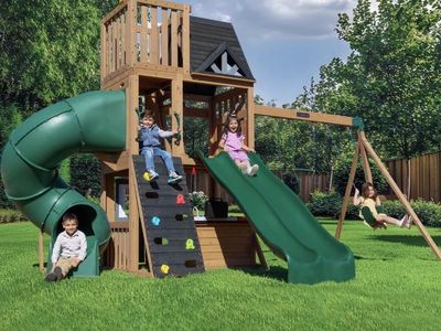 KidKraft Wooden Playcenter Swing Set with Tube Slide and Wave Slide