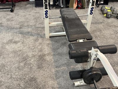 DP Magnum 960 Weight Bench with Barbell and Weights