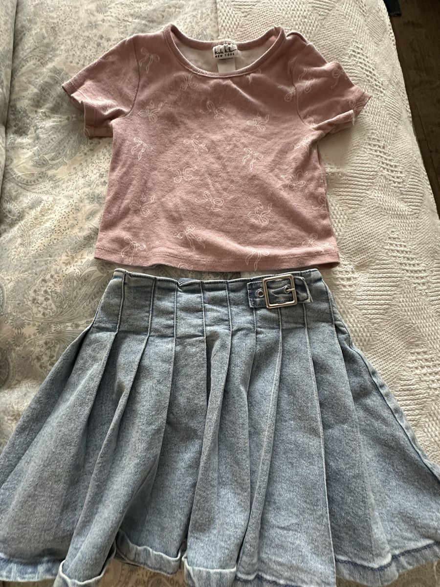 KIDPIK NEW YORK Girls Pink Top & Denim Skirt Set - Size 7
