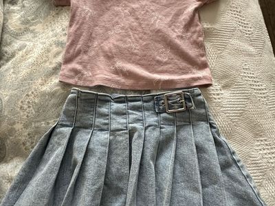 KIDPIK NEW YORK Girls Pink Top & Denim Skirt Set - Size 7