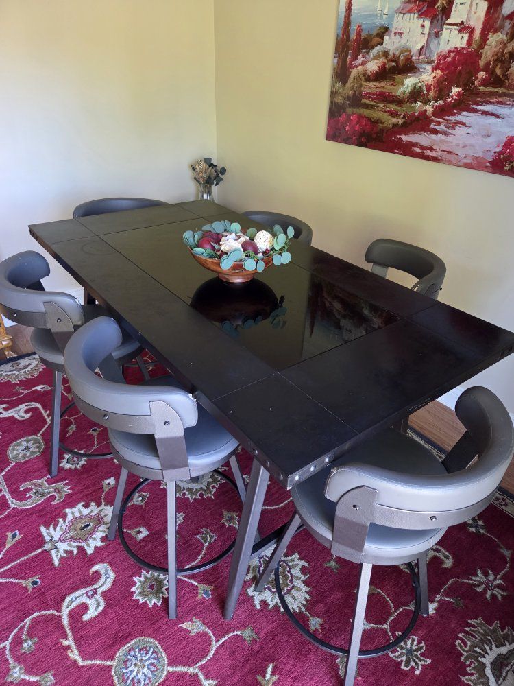 Counter Height Dining Set with Black Wood Table and 6 Swivel Barstools