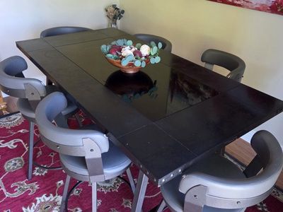 Counter Height Dining Set with Black Wood Table and 6 Swivel Barstools