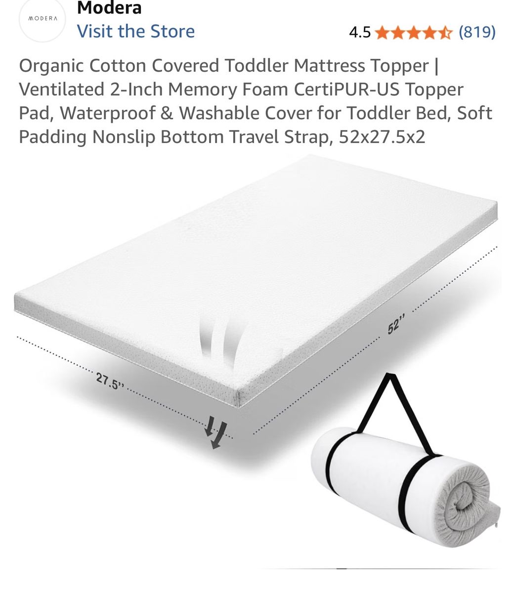 Modera Organic Cotton Covered Toddler Mattress Topper - 2-Inch Memory Foam with 2 fitted sheets