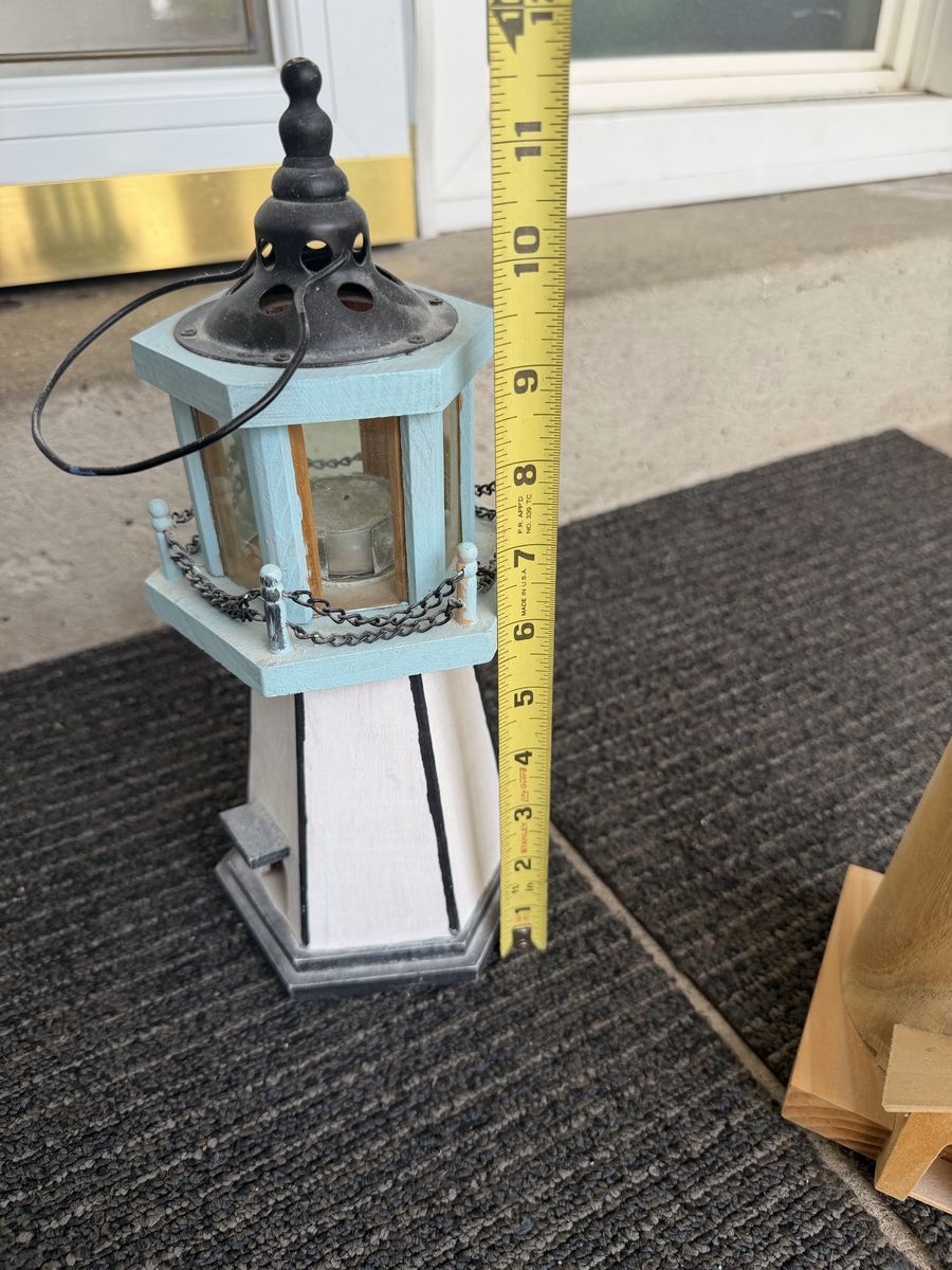 Nautical Wooden Lighthouse Candle Holder Lantern Decor Blue & White ~11 Inches