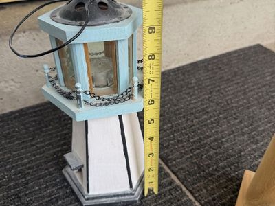 Nautical Wooden Lighthouse Candle Holder Lantern Decor Blue & White ~11 Inches