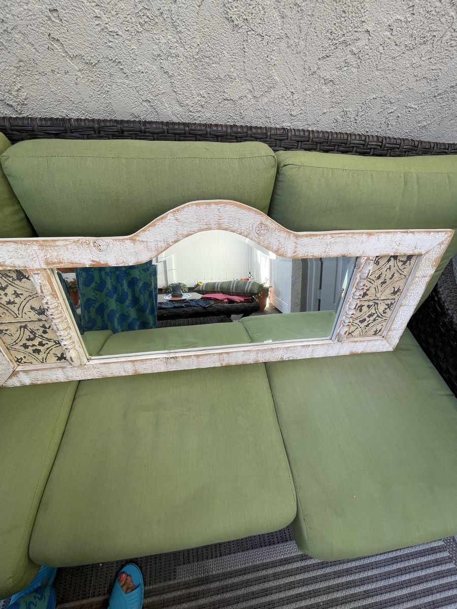 Distressed White Wood Wall Mirror - Arched Top, Decorative Accent Panels, Farmhouse Decor