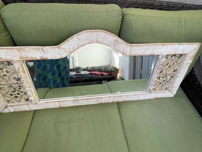Distressed White Wood Wall Mirror - Arched Top, Decorative Accent Panels, Farmhouse Decor