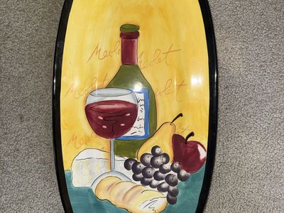 Ceramic plate: wine, grapes, cheese design