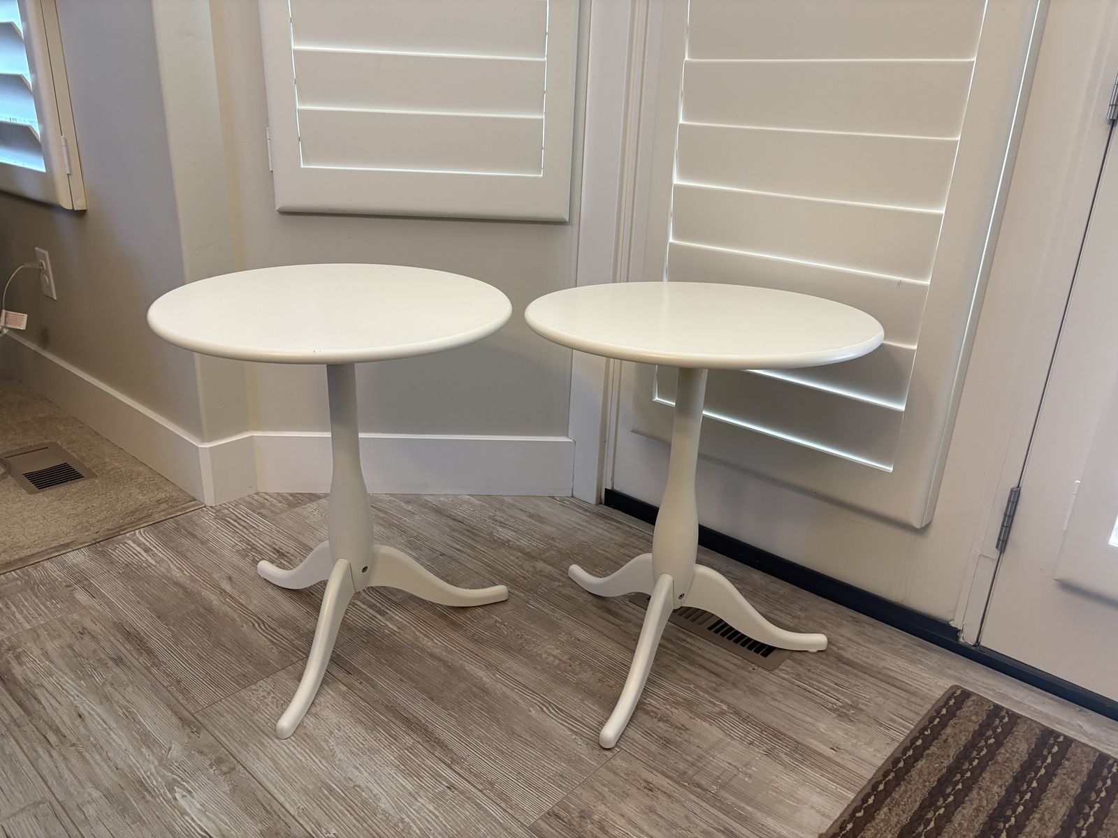 2 ROUND WHITE PEDESTAL END TABLES FROM IKEA