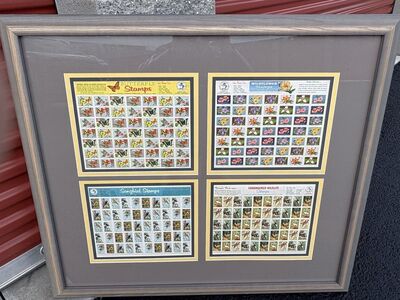 Vintage 1960s framed National Wildlife Conservation stamps, butterfly,songbirds, Ranger Rick, songbirds, wildflowers