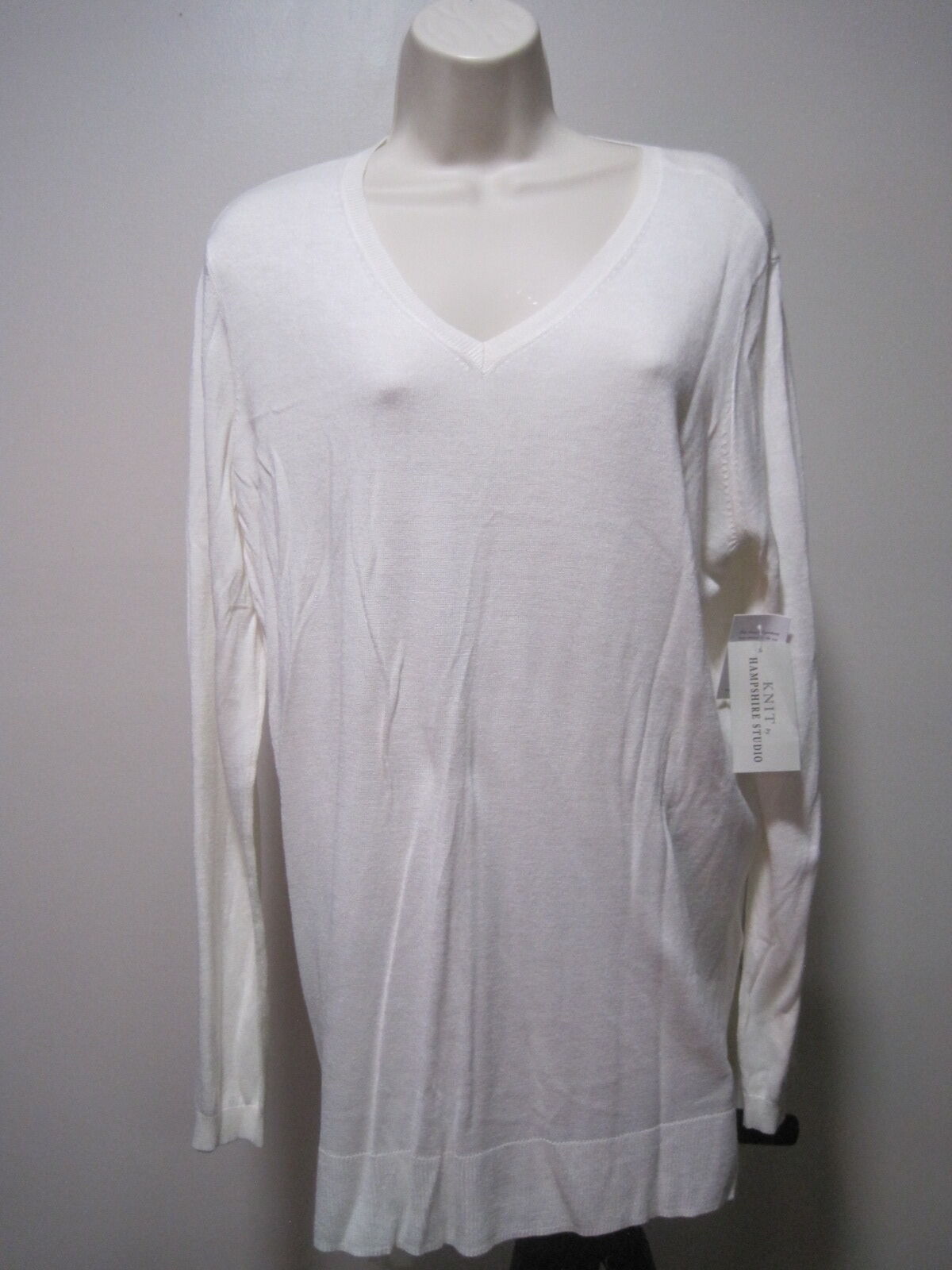 Knit By Hampshire Studio Womens Large Shell White Rayon V-Neck Long Sleeve Shirt
