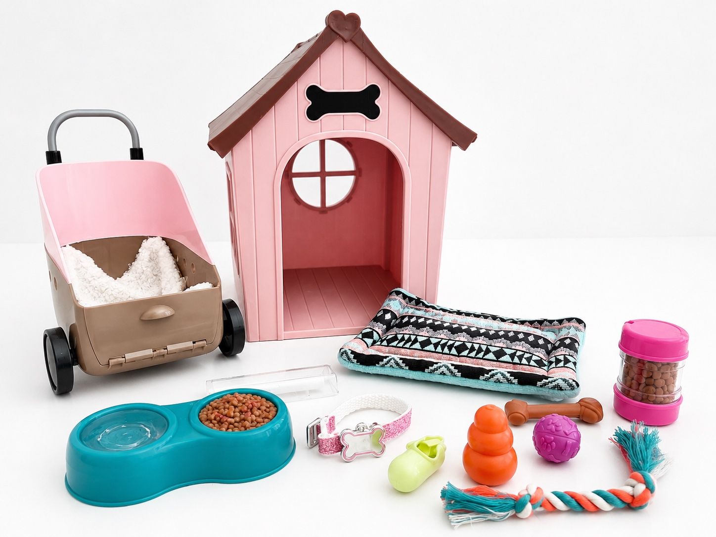Our generation for American girl doll Doghouse w/ Pink Doghouse, Carrier, Food, Water Bowl & Toys - Complete Set