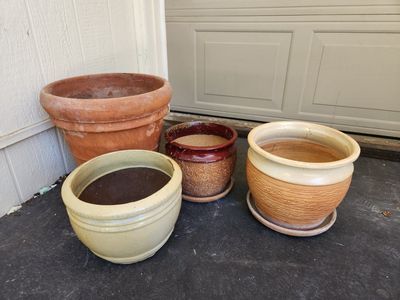 Lot of 4 Terracotta & Glazed Ceramic Plant Pots - approx 10" to 15" Diameters