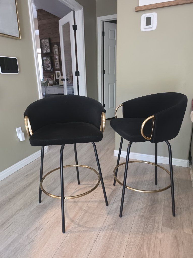 Pair of Black Counter Height Bar Stools with Gold Accents