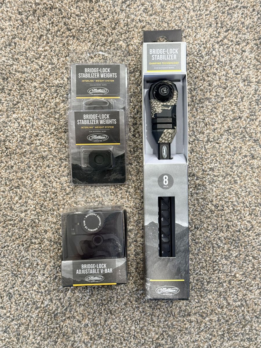 Mathews Bridge-Lock Stabilizer, Bridge-Lock Adjustable V-Bar, and Stabilizer Weights