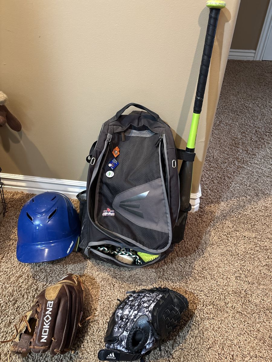 Youth Baseball / Softball Gear Bundle with Easton Backpack, Bat, Gloves, and Helmet