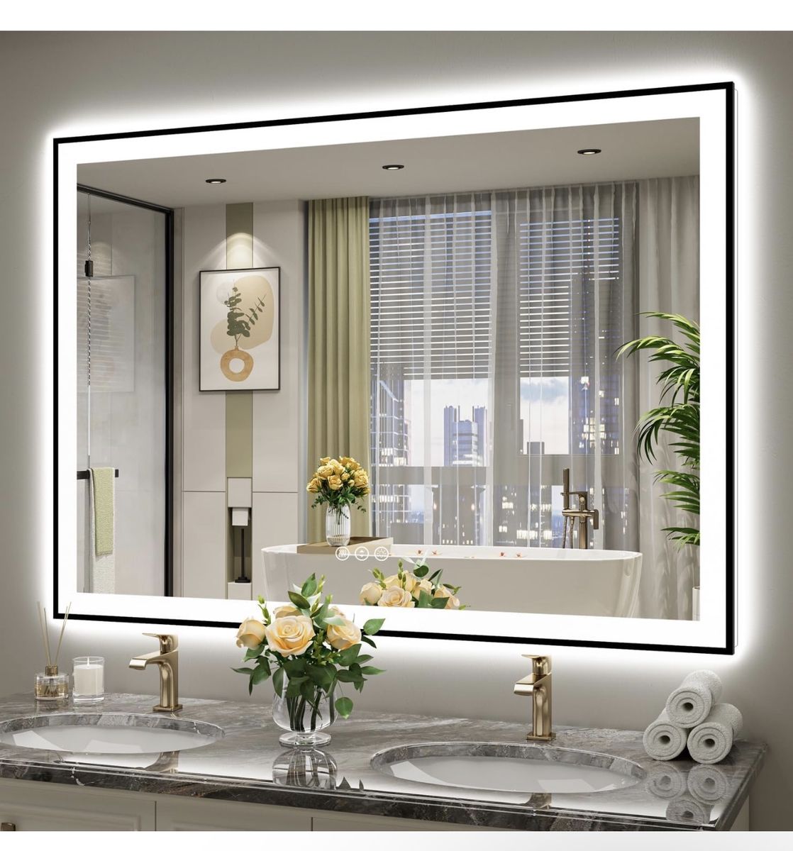 55x40 Inch LED Bathroom Mirror with Lights (Front Lit and Backlit) Black Framed Lighted Vanity Mirror