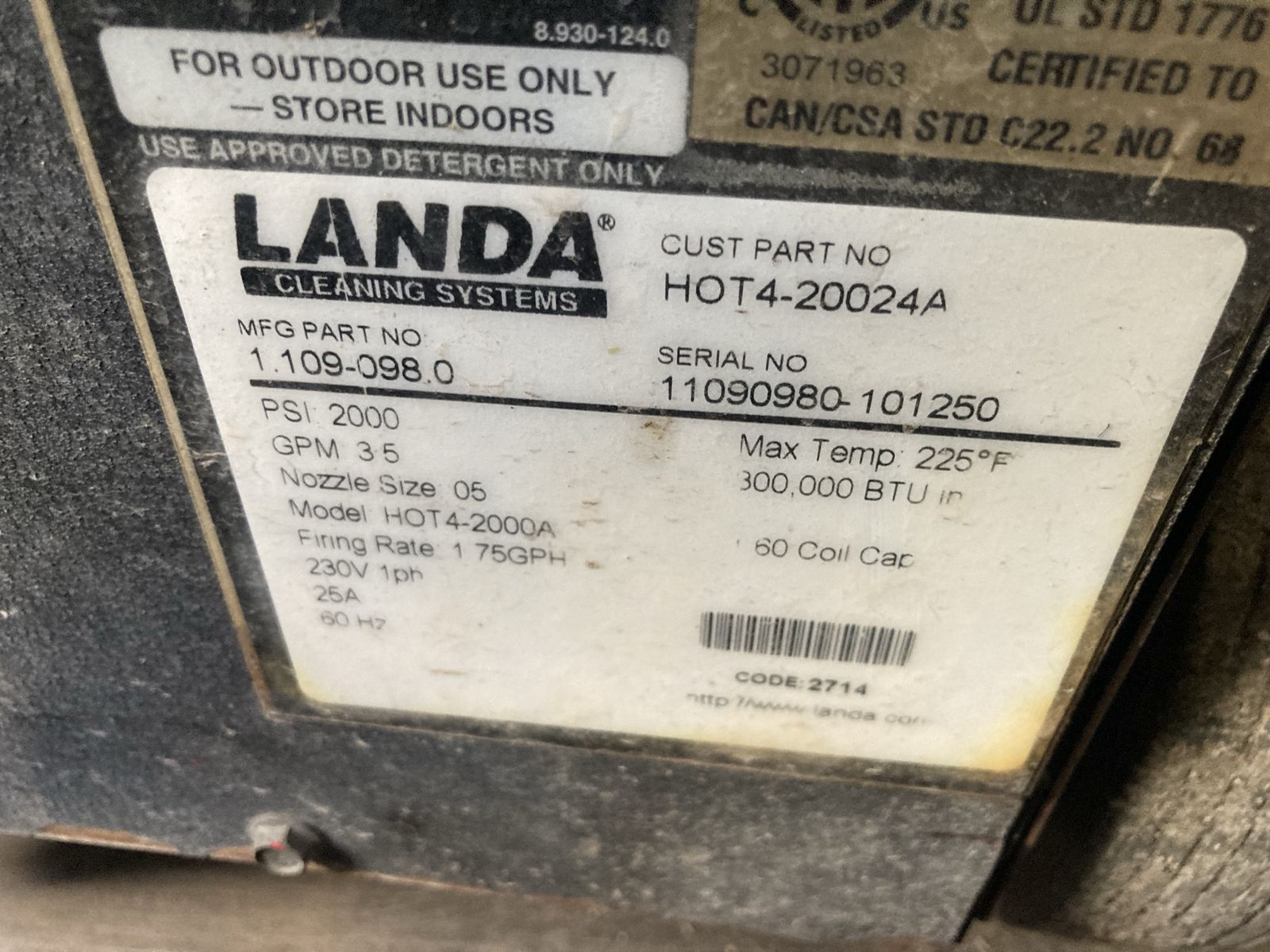 Landa HOT4-2000A Pressure Washer 2000 PSI 3.5 GPM Industrial Cleaning System