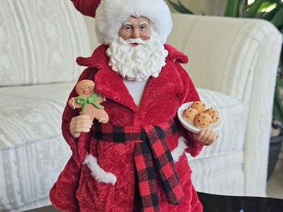Santa Claus Figurine Holding Plate of Cookies and Gingerbread Man 12"T