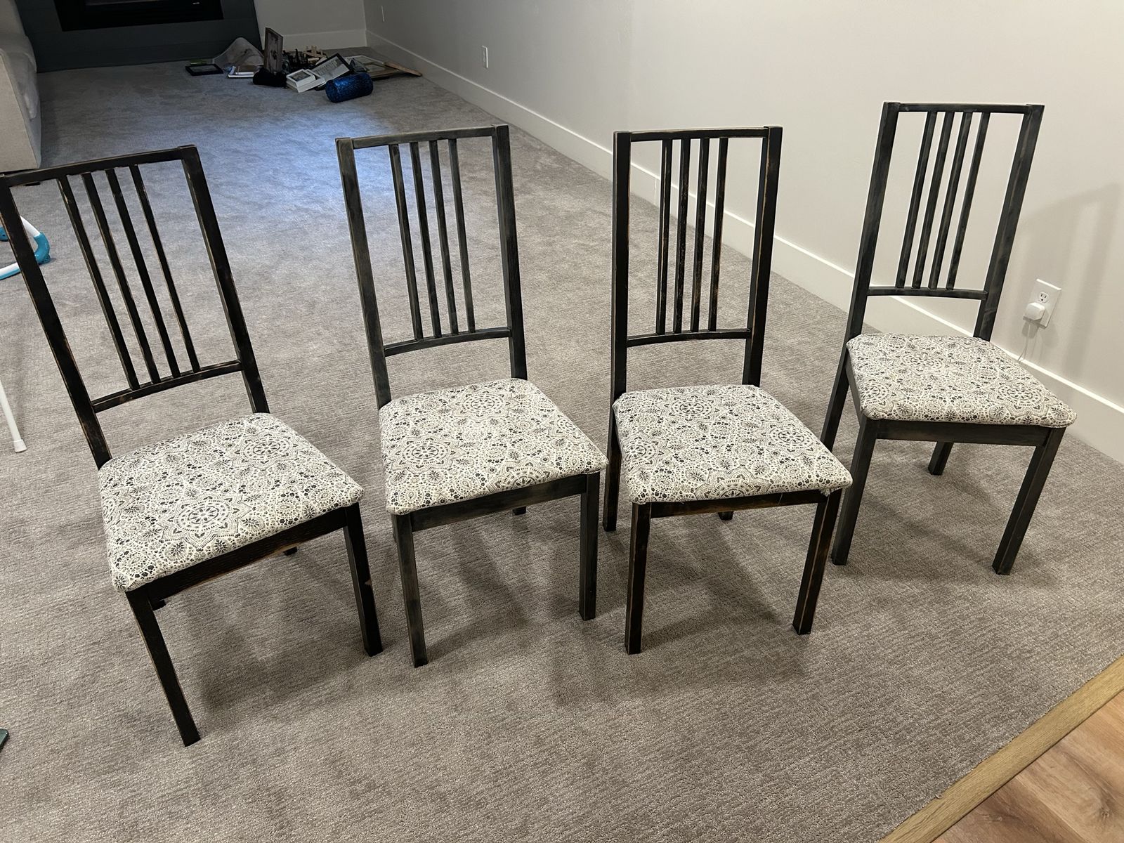 Set of 4 Wooden Dining Chairs with Patterned Upholstered Seats - Dark Wood Finish