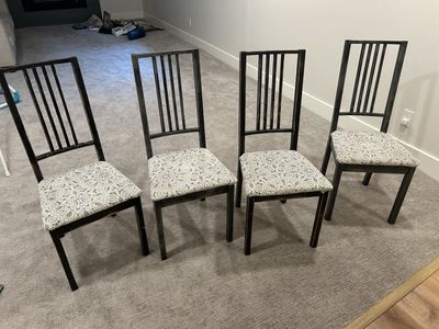 Set of 4 Wooden Dining Chairs with Patterned Upholstered Seats - Dark Wood Finish