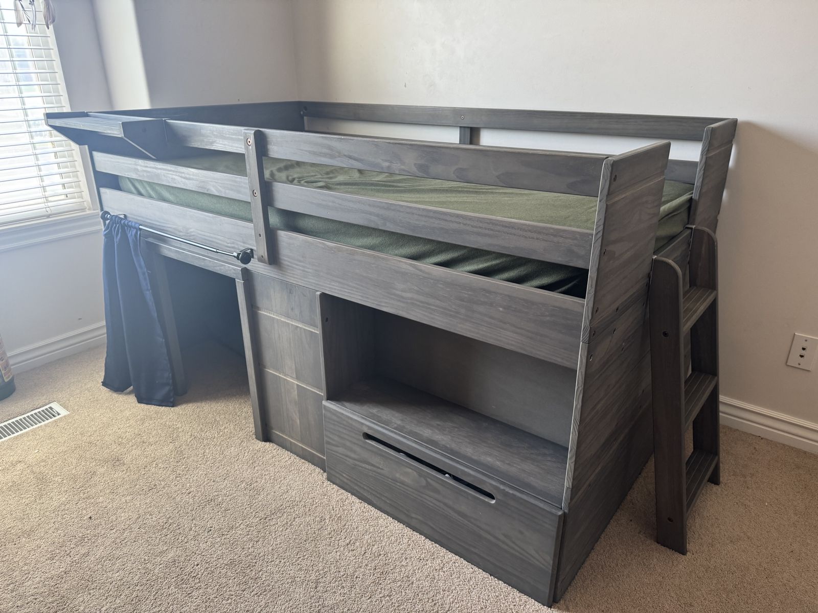 Twin Wooden Low Loft Bed Frame with Under-Bed Fort and Storage Shelves - Gray