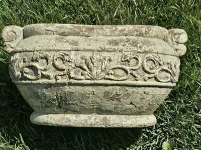 Vintage Style Concrete Garden Planter Urn with Embossed Scroll Detailing
17"Lx9.5"Hx11"W