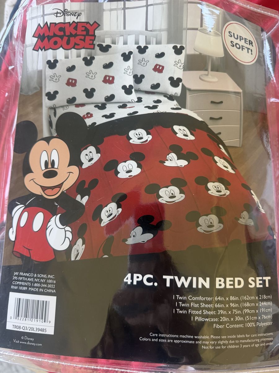 Disney Mickey Mouse 4PC Twin Bed Set - Comforter, Flat Sheet, Fitted Sheet, Pillowcase - Super Soft