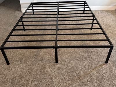 Black Metal Queen Size Platform Bed Frame with Steel Slat Support - No Box Spring Needed