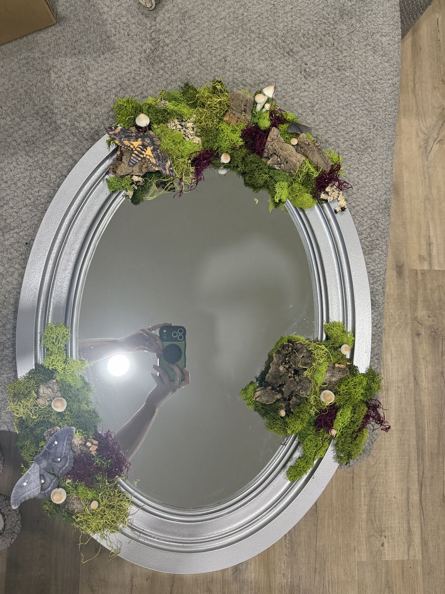 Handcrafted Whimsical Moss Mirror - Oval Silver Frame with Faux Moths, Mushrooms & Bark Decor