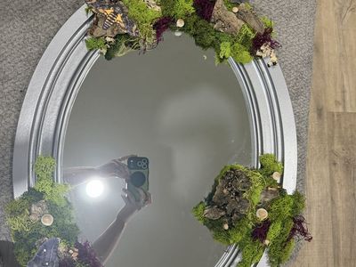 Handcrafted Whimsical Moss Mirror - Oval Silver Frame with Faux Moths, Mushrooms & Bark Decor
