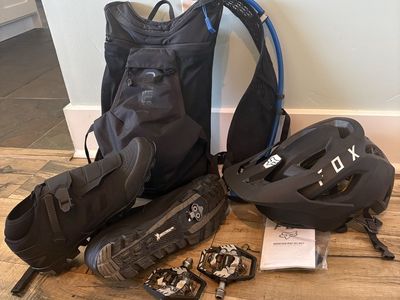 Mountain Bike set-helmet, pedals, camelbak, shoes