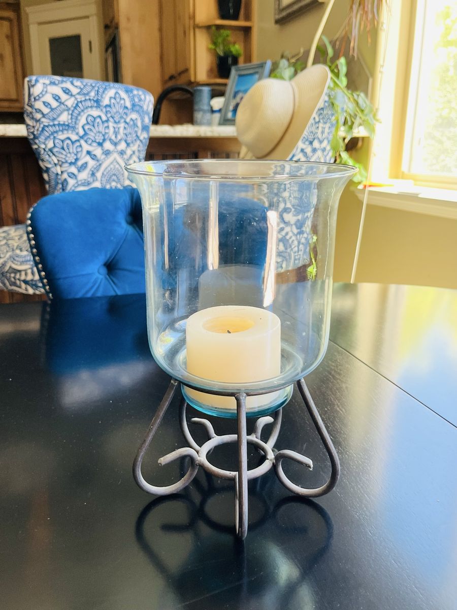 Glass Hurricane Candle Holder with Wrought Iron Stand - 12" Tall, Blue Tint Glass