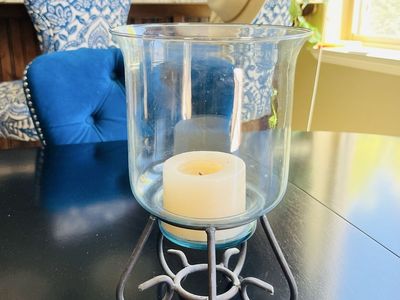 Glass Hurricane Candle Holder with Wrought Iron Stand - 12" Tall, Blue Tint Glass