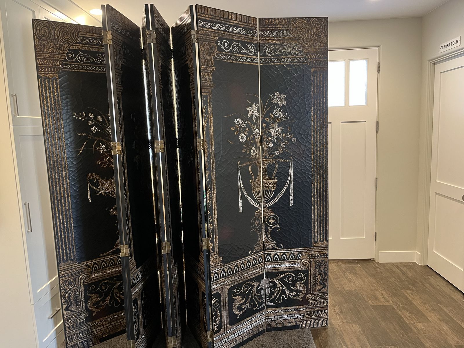 Vintage Black and Gold Decorative 8-Panel Room Divider Screen hand made! Originally $3400! Each panel set unique 