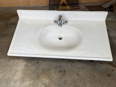 White Cultured Marble Vanity Top with Integrated Sink and Chrome Faucet