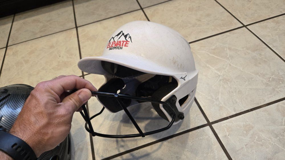Mizuno Softball/Baseball Batting Helmet w/ Face Guard - White and gray helmet.