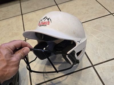 Mizuno Softball/Baseball Batting Helmet w/ Face Guard - White and gray helmet.