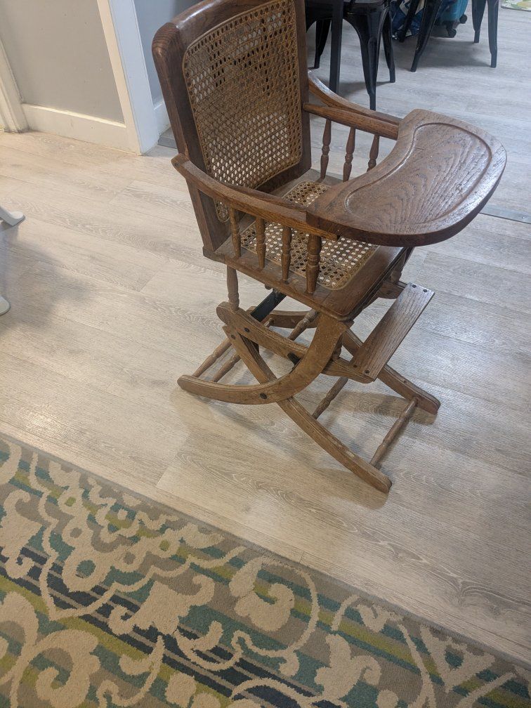Vintage Wooden Cane Back High Chair & Rocker Combo - Foldable Oak Baby Furniture