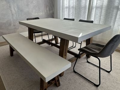 Modern Concrete Dining Table, Bench and 4 Dining Chairs for Sale