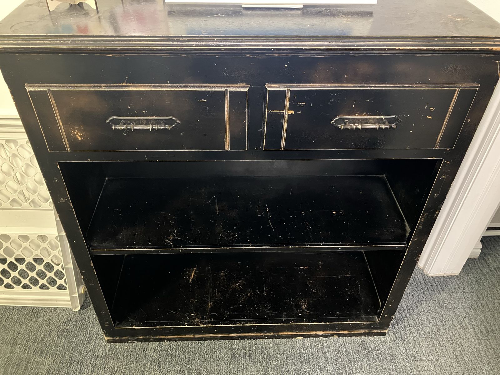 Black Wooden Bookshelf with Two Drawers and Open Shelving