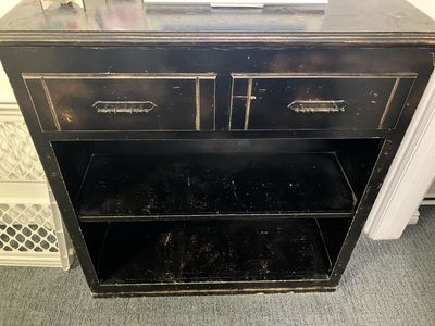 Black Wooden Bookshelf with Two Drawers and Open Shelving