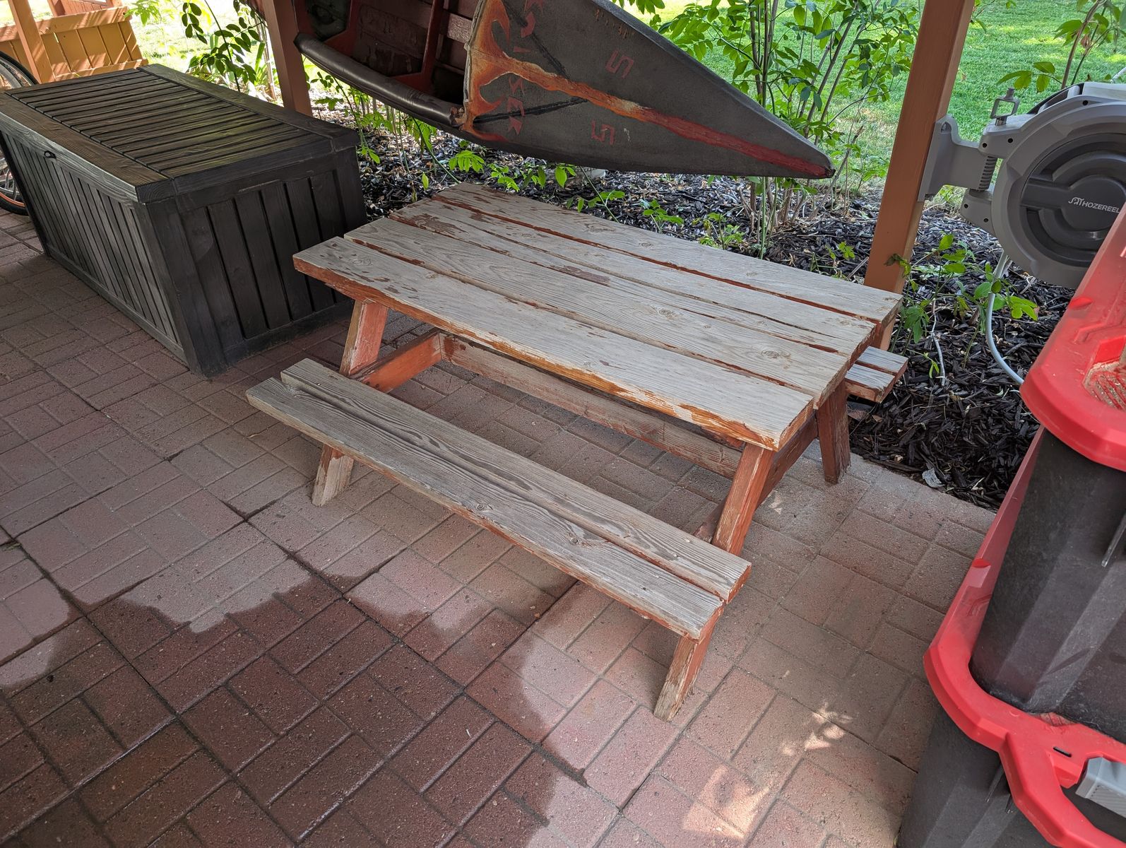 Weathered Wooden Picnic Table with Benches - Compact Outdoor Seating