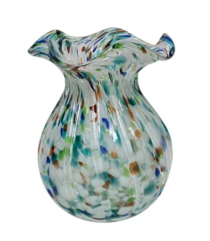 Hand Blown Art Glass Vase Ruffled Rim Confetti Frit Aqua Blue White 7.5 Inch