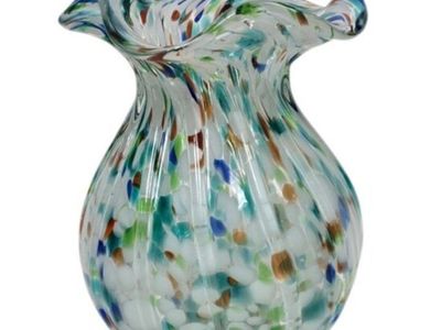 Hand Blown Art Glass Vase Ruffled Rim Confetti Frit Aqua Blue White 7.5 Inch