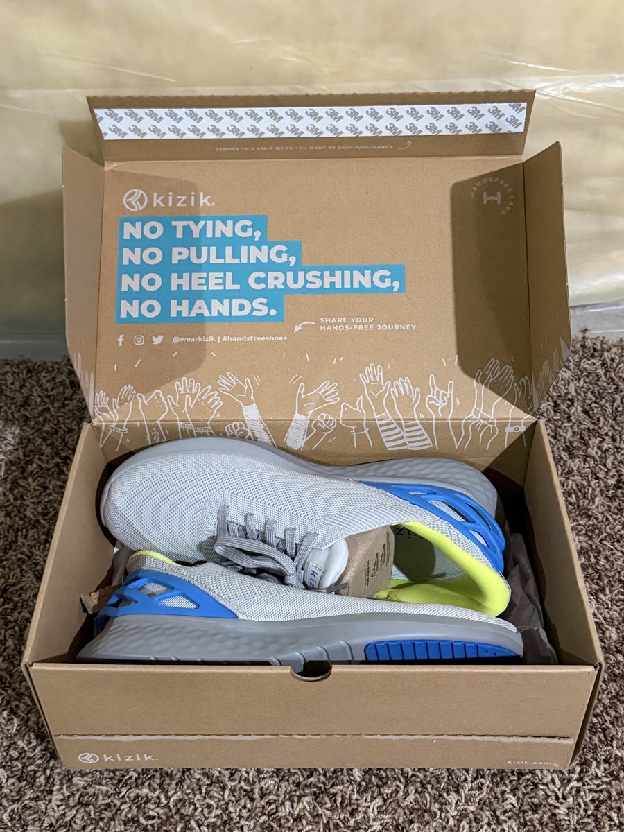 BRAND NEW Kizik Athens HandsFree Sneakers Men's Soze 11 Gray Blue Yellow No Tie Shoes