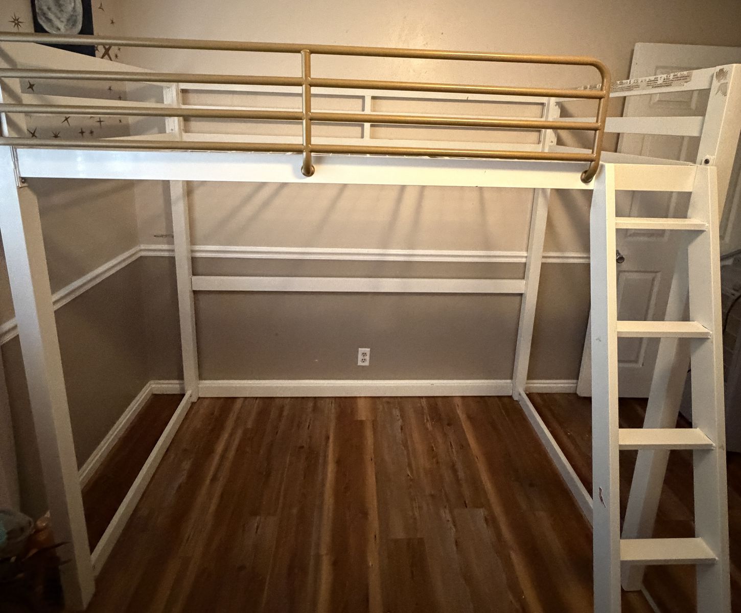 Metal Twin Loft Bed, White /Gold