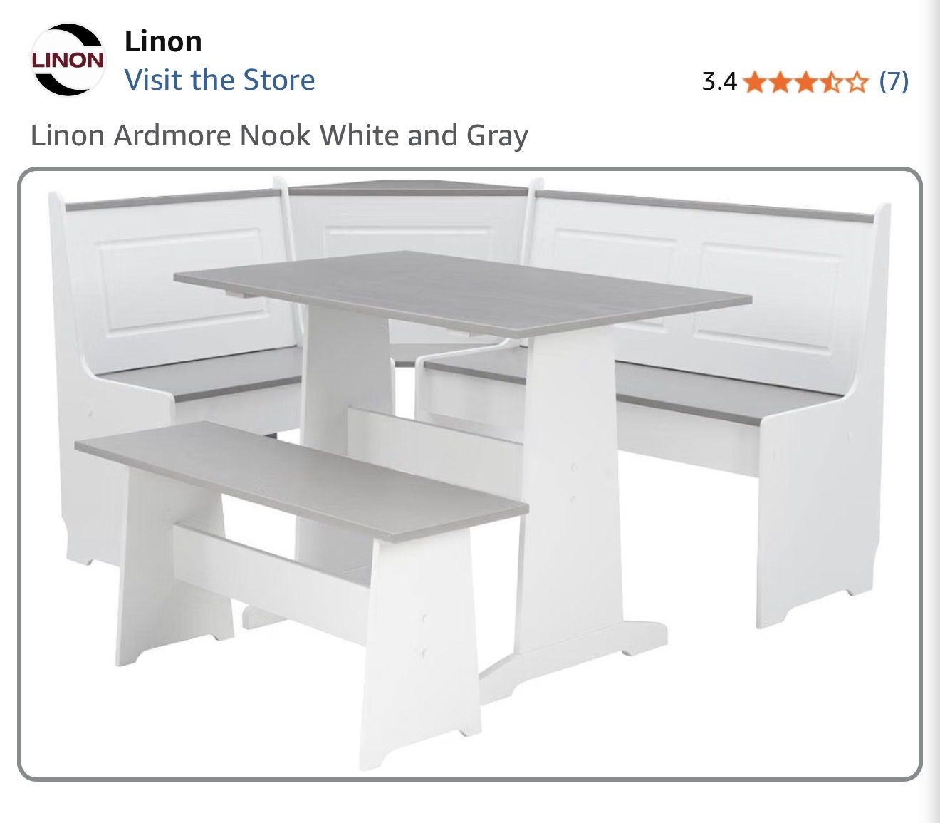 Linon Ardmore Greywash and White Corner Nook Dining Set with Table and Bench