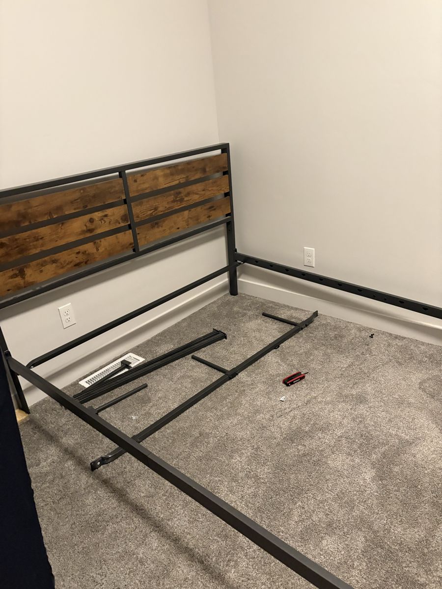 Rustic Industrial Metal and Wood Platform Bed Frame with Headboard